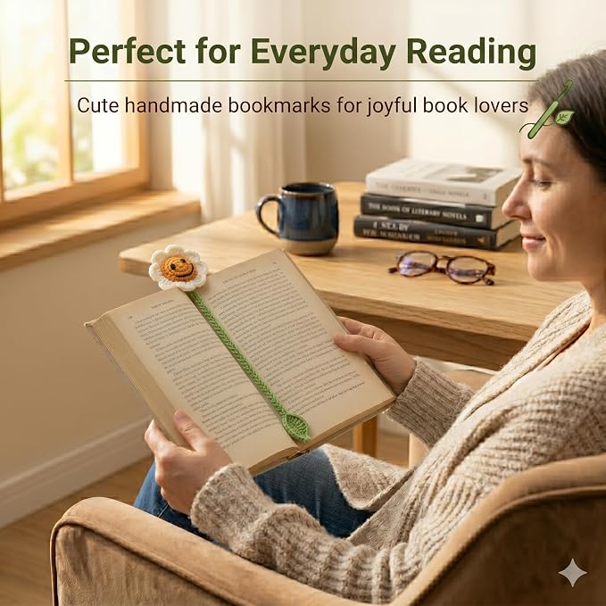 4 Pack Sunflower Crochet Bookmarks,Handmade Knitted Sunflower Book Marker for Women Personalized Book Marks for Reading Men, Book Lover Teacher Kids Birthday Gift,Cute Unique Bookmarks