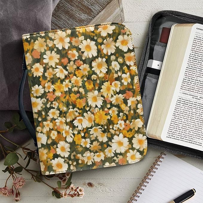 Bible Cover Case for Women,Daisy Print Carrying Book Case for Bible Accessories Leather Carrying Case with Handle&Zippered Pocket A Christian Gift for Women-XL