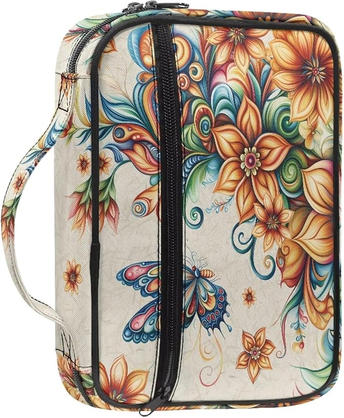 Butterfly Boho Flowers Print Bible Covers for Women & Men, Bible Case and Organizer Bible Carrying Case with Zippered Pocket Bible Protective Bag