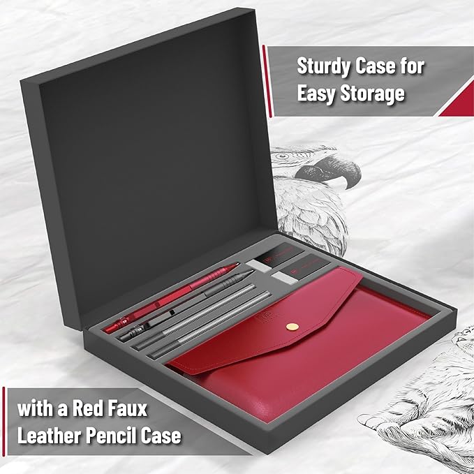 Mr. Pen- 0.5mm Metal Mechanical Pencil Set with Lead Refills & Erasers, 2 Pack, 2x Tubes Lead Refill, 2x Erasers, Red Faux Leather Pencil Case for School Supplies, Note Taking, Drawing, Sketching