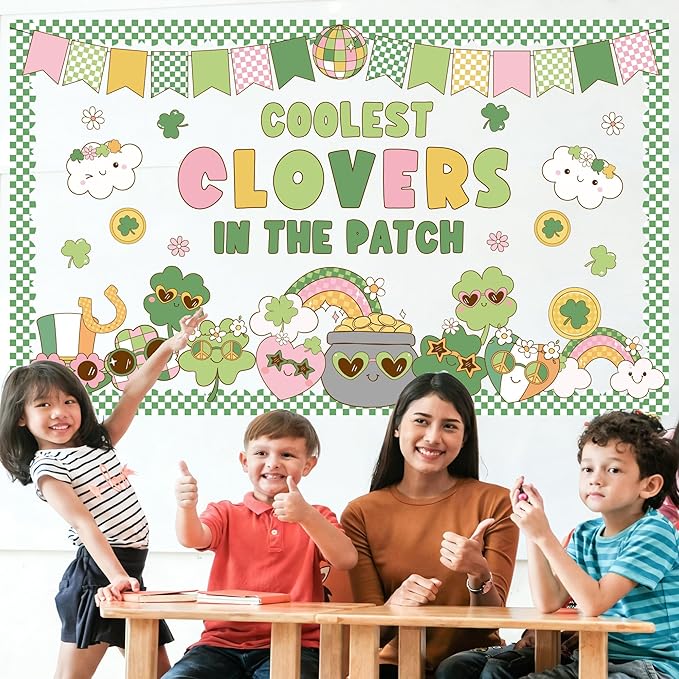 St. Patrick's Day Bulletin Board Set Classroom Decorations Irish Clover Bulletin Board Decorations Lucky Shamrock Cutouts for Bulletin Board St.Patrick’s Party Supply Classroom Chalkboard Wall Decor