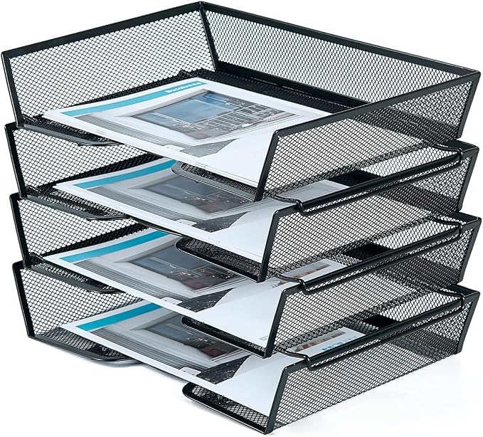 SETTFRFE 4 Tier Metal Mesh Desk Organizer-Stackable Paper Tray for Home, Office,School,Black File Storage System with Reinforced Edges