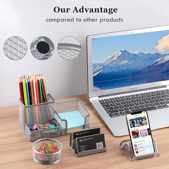 Pen Holder for Desk, 6 Pieces Mesh Desk Organizer set 3 Compartments pens holder, Mail Organizer Home Office Supplies Caddy Storage Baskets for Desktop Accessories(Sliver)