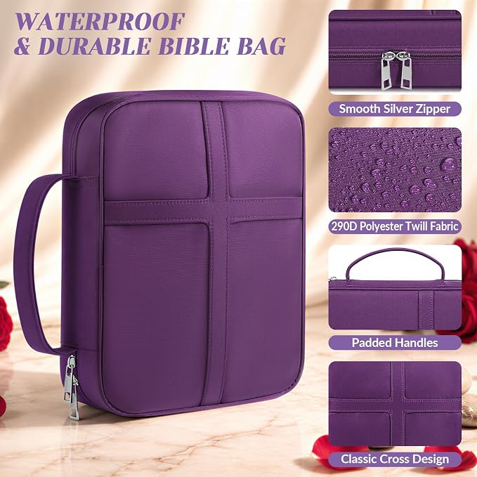 XKDOUS Bible Cover, Large Bible Bag with Durable Handle, Cross Design Waterproof Bible Case with Bible Study Supplies, Christian Gift for Mom, Women and Men (Purple)