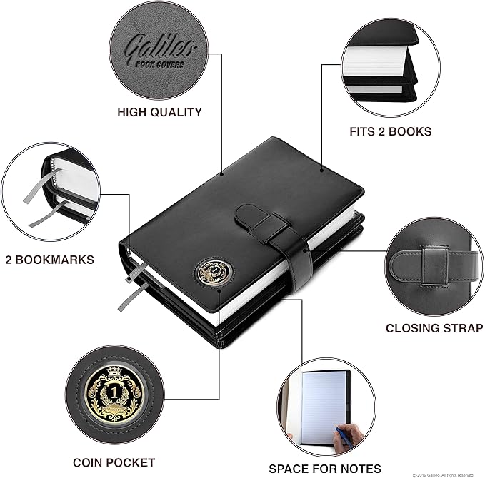 GALILEO® Double AA Big Book Cover & 12 Steps & 12 Traditions | Medallion Holder | AA Gift | Alcoholics Anonymous | PU Leather | AA Book Covers for Hardcover (Plain/Coin Pocket/Black)