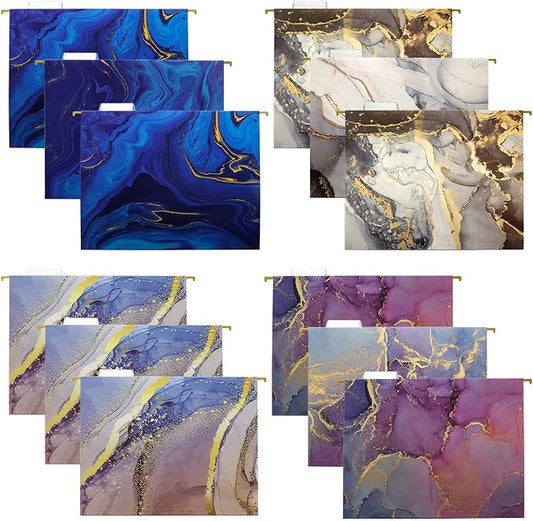 Global Printed Products Deluxe Designer Printed Hanging File Folders, 4 Patterns, Letter Size, 12/pk (Marble)