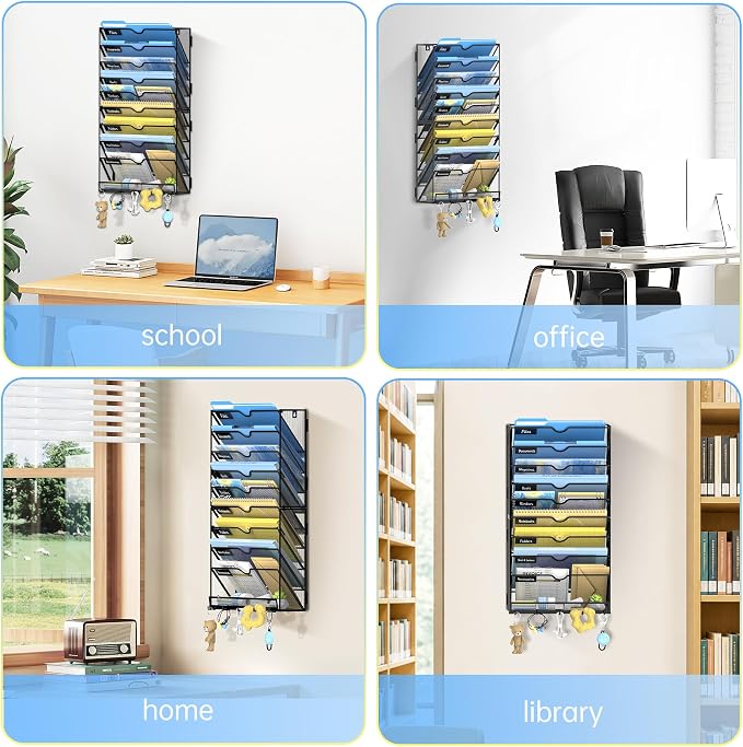SUPEASY 10 Tier Wall File Organizer with Hooks, Large Capacity Metal Mesh Hanging File Organizer, Wall Mounted Mail & Document Organizer for Home, Classroom, Office Organization, Black