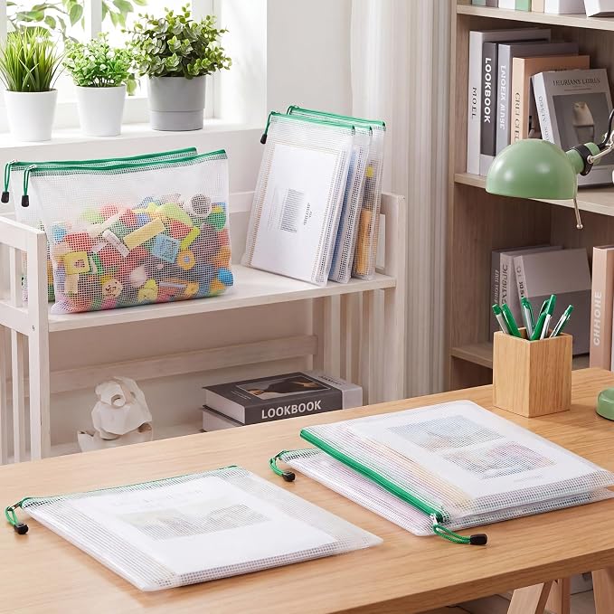 Zhehao 200 Pcs A4 Mesh Zipper Pouch Bulk Waterproof Mesh Zipper Organizer Plastic File Folder Case for School Office Supplies Document Board Games Puzzle(Green)