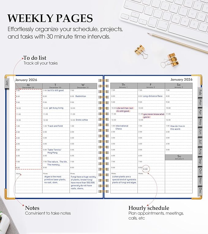 2026 Planner, Weekly and Monthly Calendar Planner from January 2026 - December 2026, 5.75" x 8.38" Hardcover Leather Hourly Appointment Book with Tabs, A5 Spiral Daily Planners for College School Work Home, Navy