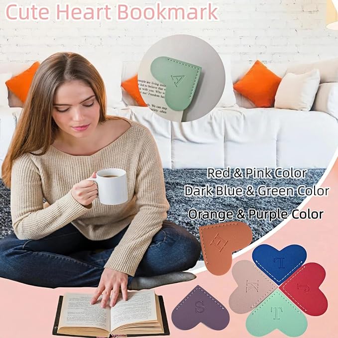 Personalized Leather Heart Bookmarks with Initials, 26 Letters Custom Corner Book Mark for Reading Women,Teacher, Student, Book Lovers Book Marker, Meaningful Gifts(Purple & Orange,E)