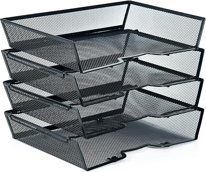 SETTFRFE 4 Tier Metal Mesh Desk Organizer-Stackable Paper Tray for Home, Office,School,Black File Storage System with Reinforced Edges
