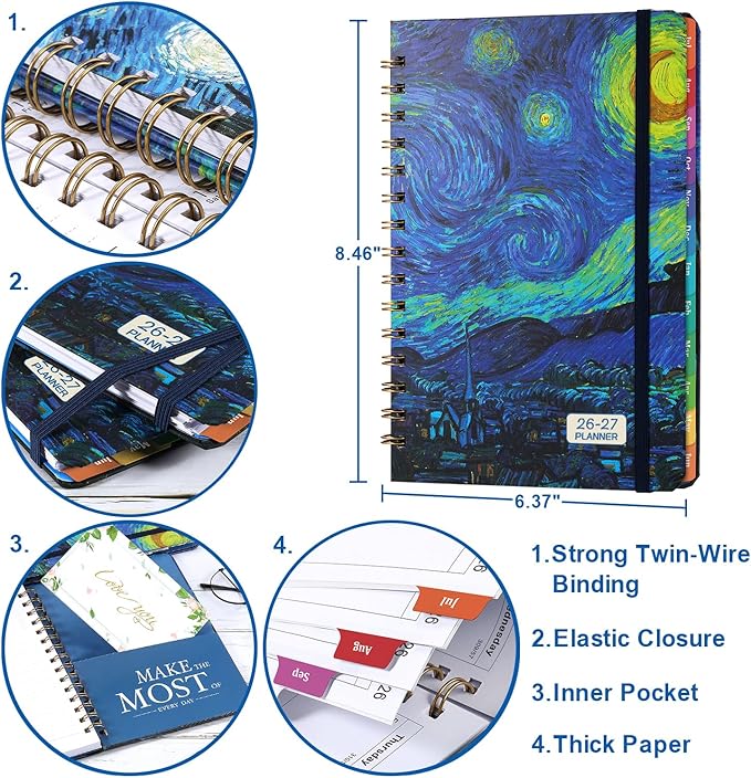 2026-2027 Planner – Jul.2026 - Jun.2027, Weekly ＆ Monthly Academic Planner 2026-2027, with Tabs, 6.4" x 8.5", Hardcover, Strong Binding, Thick Paper, Back Pocket, Elastic Closure, Inner Pocket