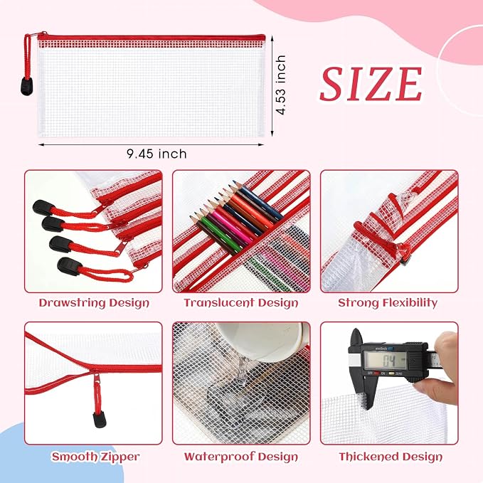 Zhehao 200 Pieces A6 Mesh Zipper Pouch Bulk Mesh Bags with Zipper Waterproof Small Pencil Pouches for School Office Supplies Organization 9.4 x 4.5 Inches (Red)