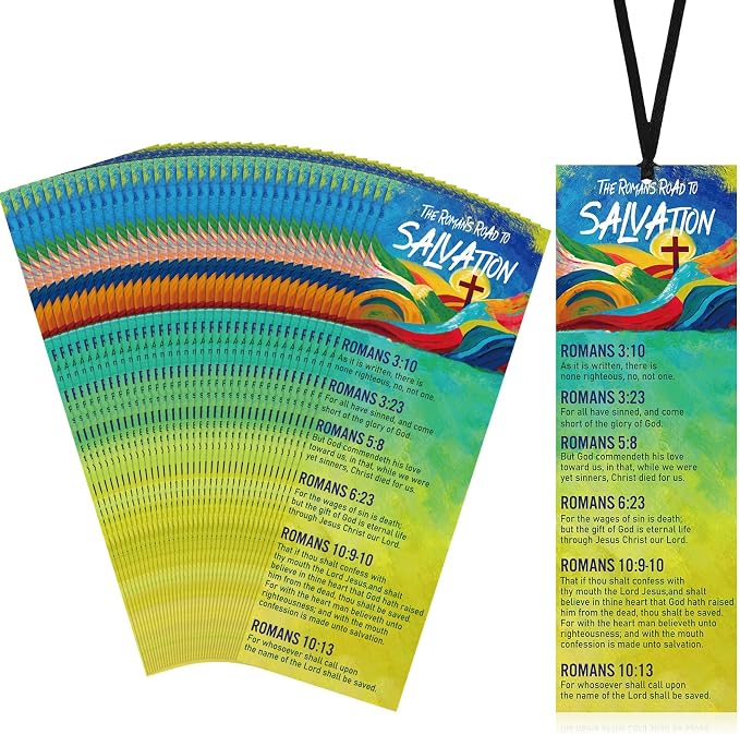 Fuyoooo 50 Pcs Romans Road to Salvation Bookmarks 6 x 2 Inches Roman's Road Bookmarks Gospel Tracts with 50 Pcs Hanging Strings Christian Inspirational Scripture Gift for Church Evangelism Men Women