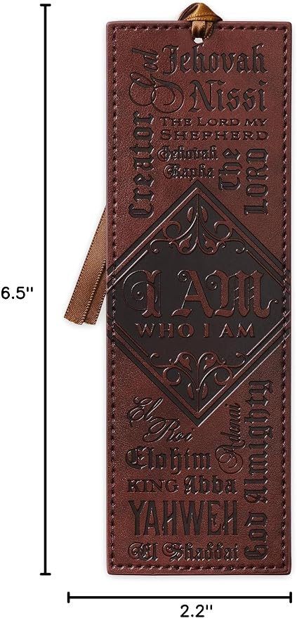 Christian Art Gifts Vegan Faux Leather Scripture Bookmark for Men: Names of God - Exodus 34:5 Inspirational Bible Verse Heat-Debossed, Faith-Base Reading Book Accessory with Satin Ribbon Tassel, Brown