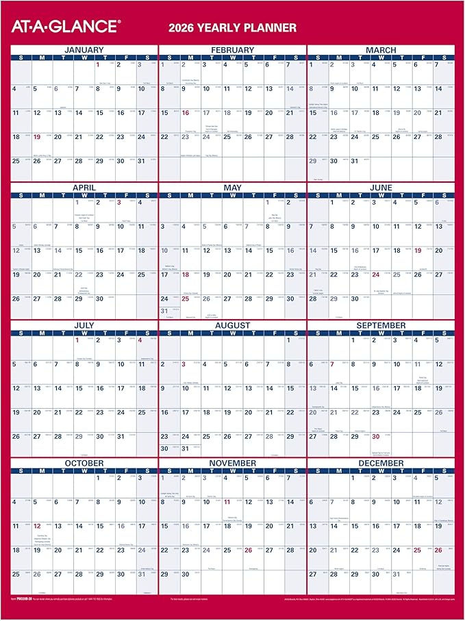 AT-A-GLANCE 2026 Erasable Calendar, Dry Erase Wall Planner, 12" x 16", Small, Vertical-Horizontal, Reversible, Compact (PM330B2826)
