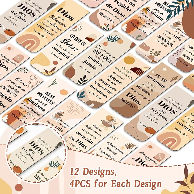 Haooryx Bible Verse Magnetic Bookmarks - 48pcs Boho Spanish Scripture Verse Inspirational Christian Religious Magnetic Clip Bookmarks Motivational Book Marker Church Activity Party Favor Page Markers
