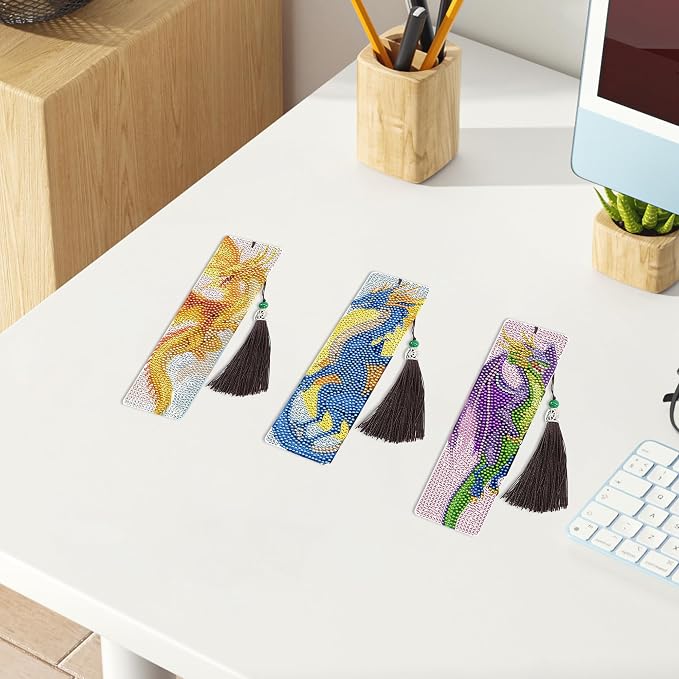 6 Pcs Dragon Diamond Art Bookmarks with Tassels, DIY Diamond Painting Bookmarks Kit for Adults Beginners and Kids, Fantasy Dragon Bookmark Making Kit with Pen Wax Tray Tools