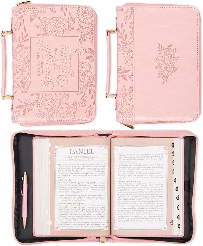 Christian Art Gifts Premium Vegan Leather Fashion Floral Bible Cover for Women: Strength & Dignity - Prov. 31:25 Inspirational Scripture Verse Carry Case w/Pockets & Pen Storage, Pink & Gold, Large