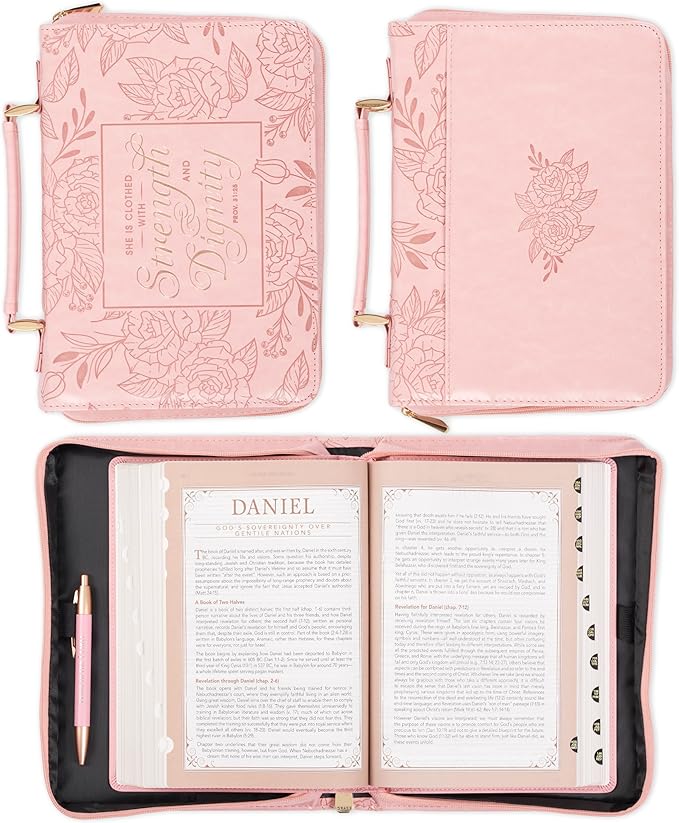 Christian Art Gifts Premium Vegan Leather Fashion Floral Bible Cover for Women: Strength & Dignity - Prov. 31:25 Inspirational Scripture Verse Carry Case w/Pockets & Pen Storage, Pink & Gold, Medium