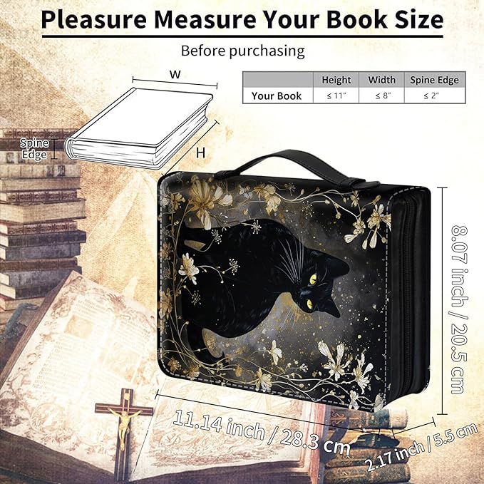 Bible Cover for Men Women,Large Leather Bible Case Fit Book Up to 11x8x2 Inch,Black Cat with Gold Floral Bible Covers Bible Study Carrier Church Bags w/Handle & Zipper