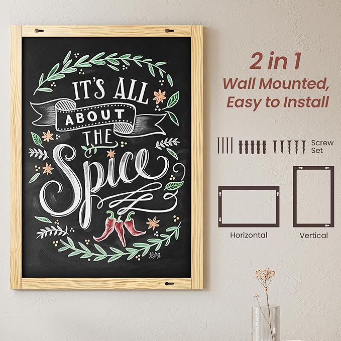 2-in-1 Double-Sided Magnetic Chalkboard 24"x16", Chalk Calendar Board & Large Blackboard for Kitchen & Home Decor, Schedule, Menu, Back-to-School Gift - Hanging Chalk Board with 2 Liquid Pens, Wood