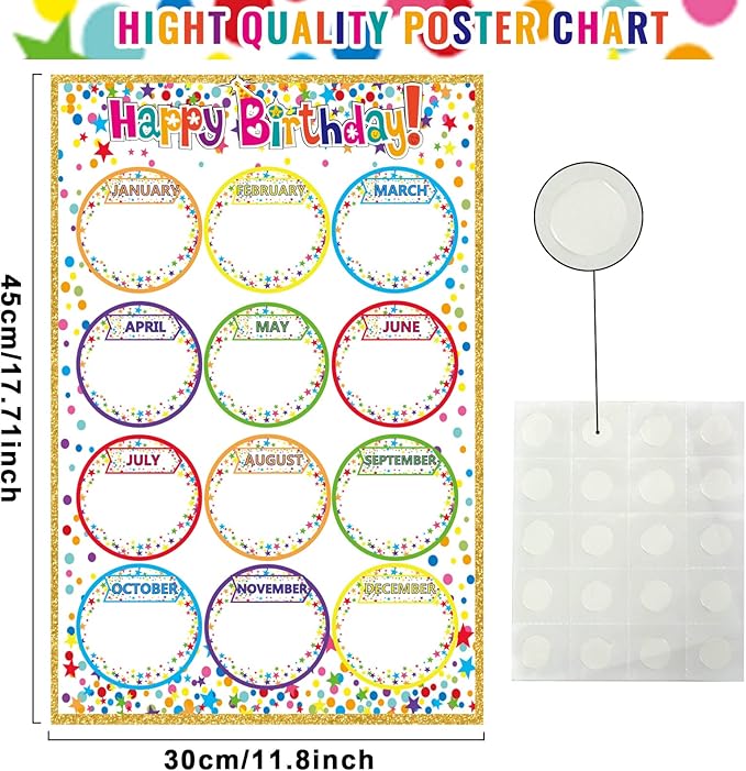 Wiooffen Happy Birthday Chart for Classroom, 2Pcs Birthday Poster Decoration 17’’ x 12’’ Colorful Dots Birthday Cake Calendar Cutouts for School Bulletin Board, Chalkboards, Wall Decor