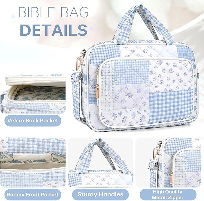 Bible Cover Case for Women Bible Study Supplies Christian Gifts for Women Church Camp Essentials Christian Bible Journaling Kit Quilted Large Bible Cover (Spliced Blue Flower, Large)