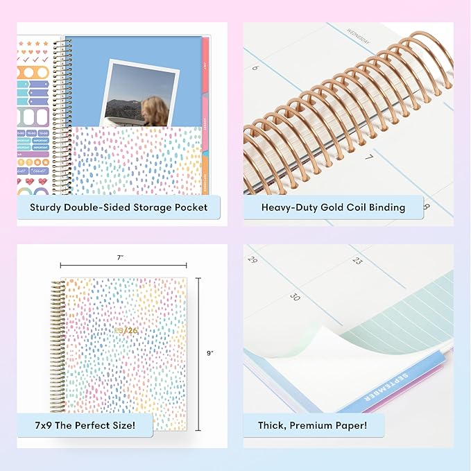 Blue Sky Livewell Weekly and Monthly Academic Year Planner Calendar, July - June, Flexible Cover, Wirebound, Colorful Interior, Laminated Tabs, Storage Pocket, Includes Stickers, Rainbow (Rainbow- 2025/2026, 7" x 9")