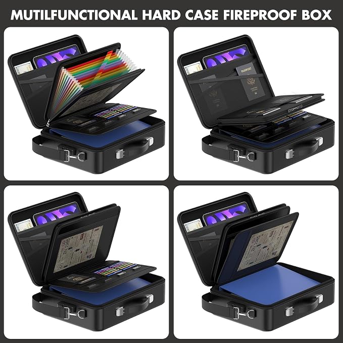 Fireproof Document Box with Lock, Durable Hard Case File Organizer Fire Safe Box, Hard-Shell Design Waterproof Fireproof Safe Important Document Organizer (Blue with Shoulder Strap)