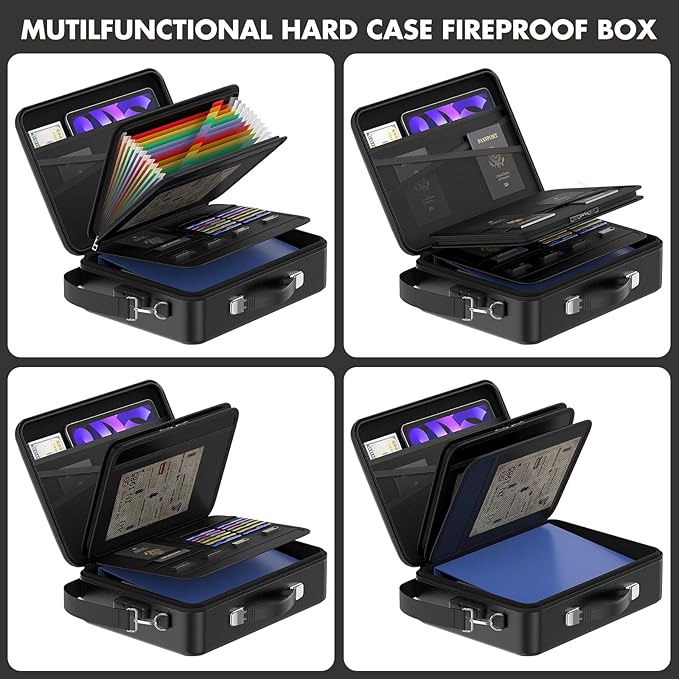 Fireproof Document Box with Lock, Durable Hard Case File Organizer Fire Safe Box, Hard-Shell Design Waterproof Fireproof Safe Important Document Organizer (Black with Shoulder Strap)
