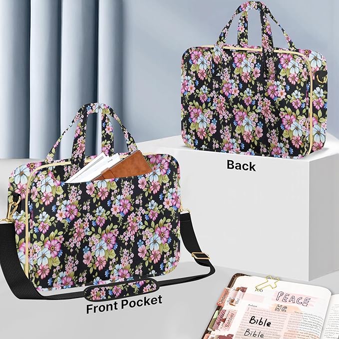 PUGPIU Bible Cover Case for Women, Large Quilted Bible Bag with Shoulder Strap and Handle, Bible Study Supplies Journaling Kit with Highlighters Pens No Bleed Tabs Notebook Cross Clips (Floral)