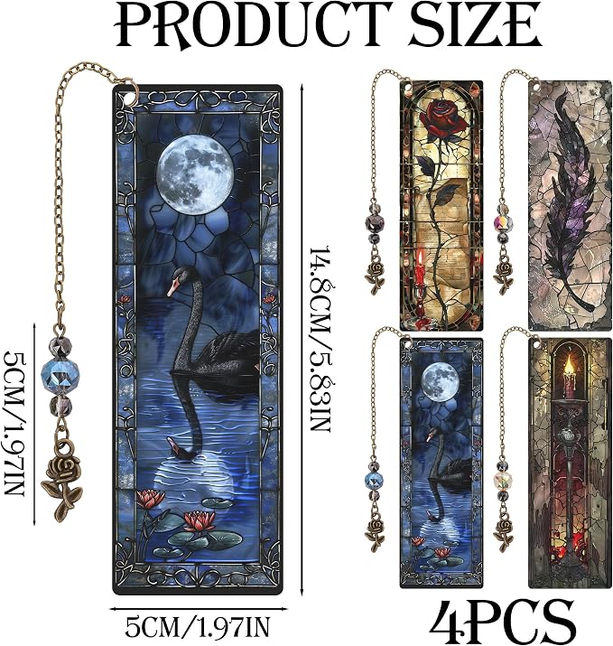 Dark Romance Bookmark Gifts - 4 Pcs Gothic Stained Glass Bookmarks for Women Book Lovers Rose Tassels Beaded Page Marks Reading Accessories Bookish Gift for Birthday Back to School Halloween