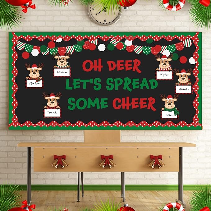 Containlol 64 Pcs Christmas Bulletin Board Set Christmas Elk Classroom Bulletin Board Xmas Elk Paper Cutouts with Boarders for Winter Holiday Party Supplies Chalkboard School Classroom Decor
