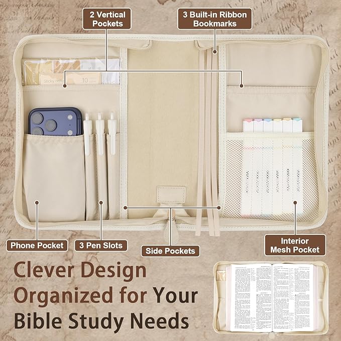 Classic Leather Bible Cover Case with Cross Design and Handle for Men Women, Durable Bible Study Supplies Organizer Carrying Bag, Perfect Christmas Gifts for Christians with Gift Box（Beige
