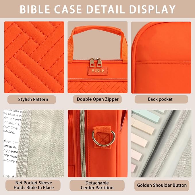 Bible Cover for Women Bible Case, Large Bible Bag, Bible Study Supplies Bible Journaling Kit Book Carrying Case with Bible Highlighters Tabs, Valentines Day Christian Gifts for Women (Orange)