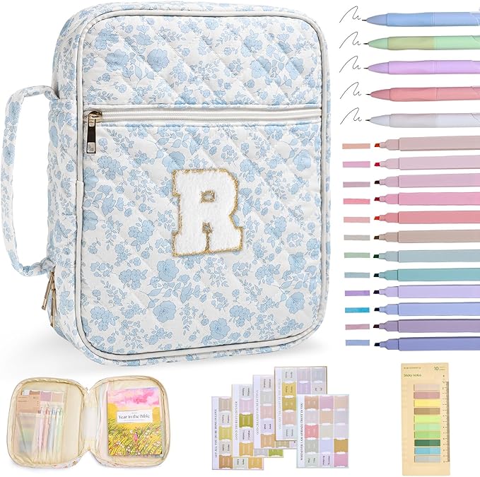 Initial Bible Cover Case for Women Girls Kid Large Bible Cover with Durable Handle Quilted Bible Carrying Case for Girls Bible Study Supplies Accessories (Blue Flower R, one Size)