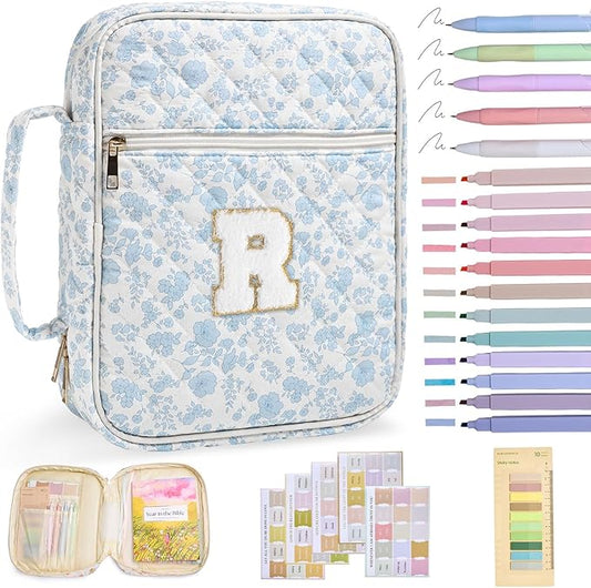 Initial Bible Cover Case for Women Girls Kid Large Bible Cover with Durable Handle Quilted Bible Carrying Case for Girls Bible Study Supplies Accessories (Blue Flower R, one Size)
