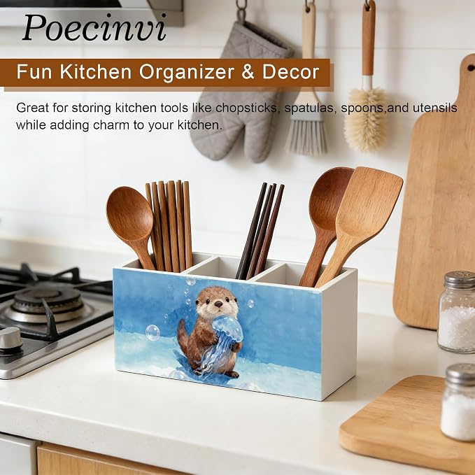 Coastal Beach Sea Otter Pen Holder for Home Kids Room Desk, Otter Lover Gifts, Coastal Ocean Wildlife Nursery Wooden Box Sign Pencil Holder for Desk Shelf Organizer