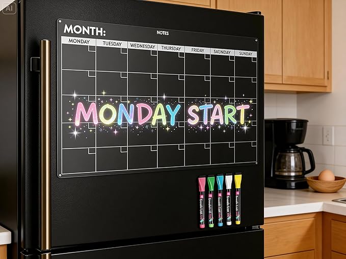 Fridge Calendar Acrylic 17x12”, Start Monday | Magnetic Calendar for Refrigerator | Acrylic Dry Erase Whiteboard Calendar for Fridge | Family Schedule Board with 5 Markers & Eraser by Freedom Mastery