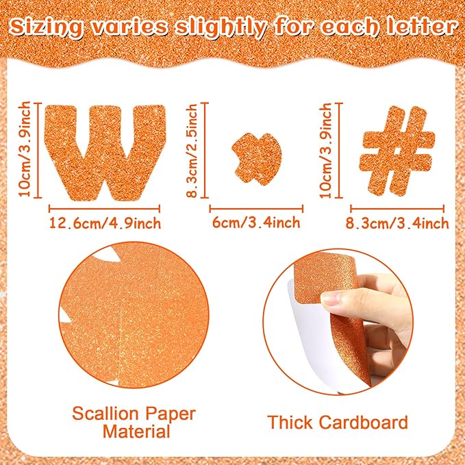 Qyeahkj 260Pcs Glitter Orange Bulletin Board Letters for Classroom 4” Letter Combo Pack Set Numbers Alphabet Poster Board Punctuation Symbol Cutout with Adhesive Dots for School Classroom Wall Decor