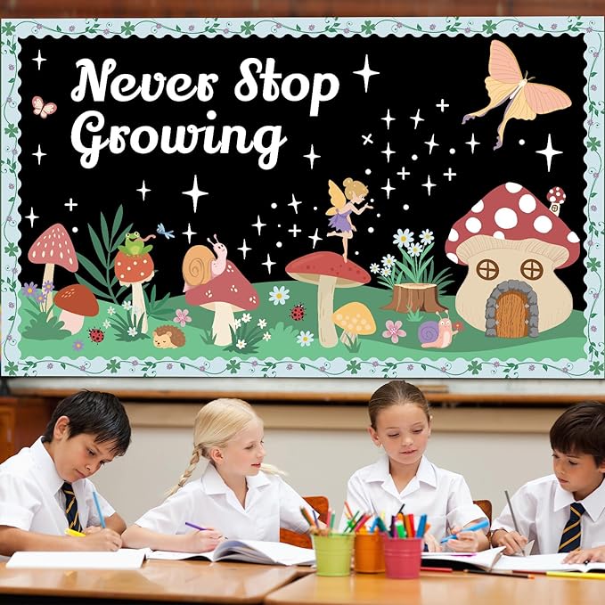 Forest Bulletin Board Decorations Set Mushroom House Spring Summer Never Stop Growing Paper Cutouts Fairy Tale Story Bulletin Boarder Elf Flower Classroom Supplies for Motivational School Party Decor