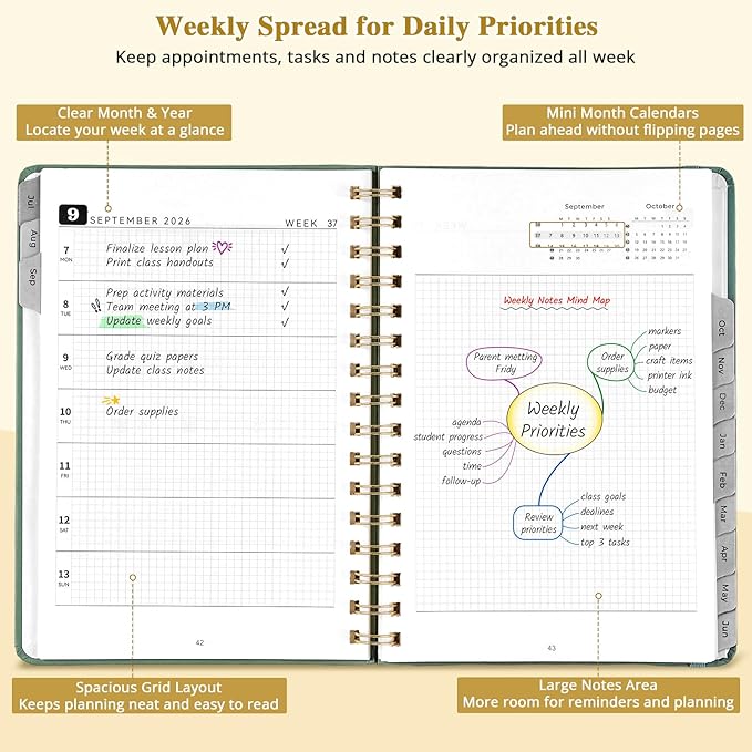 JoyCat Academic Planner 2026-2027, July 2026 - June 2027, A5 Weekly & Monthly Planner, Hardcover Agenda with Tabs, 5 Sticker Sheets, Elastic Closure & Pocket for Teachers & Students, 6.3" x 8.5", Green