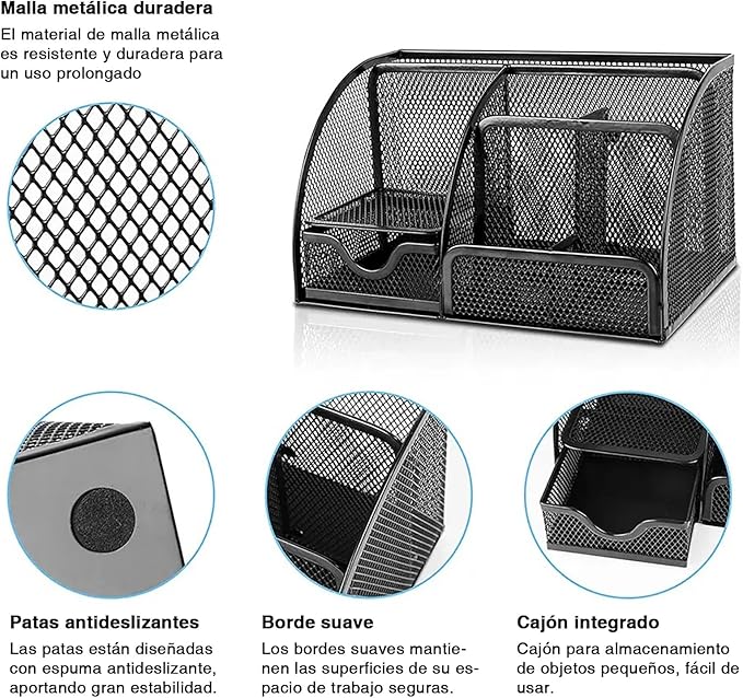 Desk Organizer and Pencil Case with Drawer and 6 Compartments in Black Metal Mesh. Space-Saving Desk Organizer for Pens, Pencils, Sticky Notes, Clips and Staplers