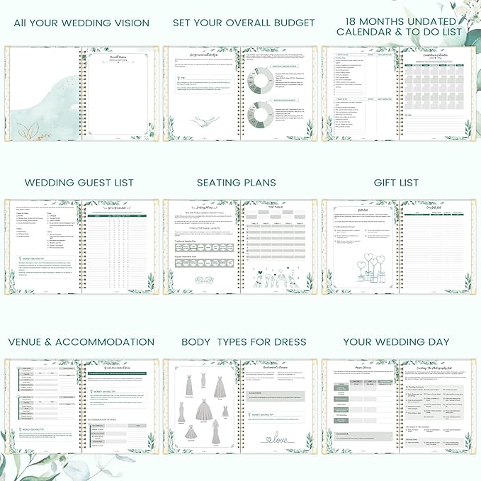 Wedding Planner & Organizer - Wedding Planner Book and Organizer for the Bride, 9.5" x 11.9" Diary Engagement Gift Book, Hardcover + Metal Corner + 5 Inner Pockets + Sticker + Elastic Closure - Floral