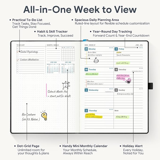 Weekly Planner 2026-2027 A5 (6.5" x 8.5") 12 Months (Jul'26 - Jun'27) Weekly & Monthly Planner with Month Tabs & Inner Pocket, Expenses/Note Pages, PU Leather Black