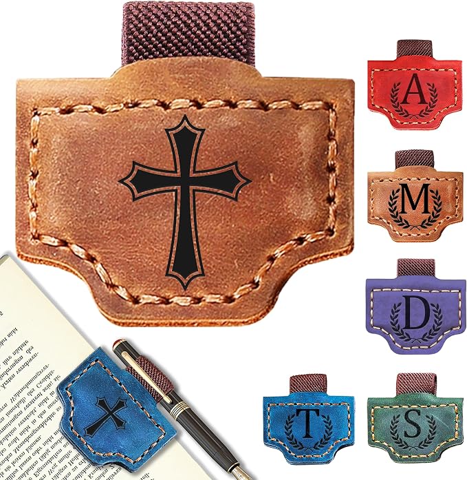 Personalized Leather Magnetic Bookmark with Pen Holder, Bookmark 26 Letters Name Initial Bookmarks for Readers, Book Lover Gifts for Women Men Notebook Accessories (Brown, Cross)