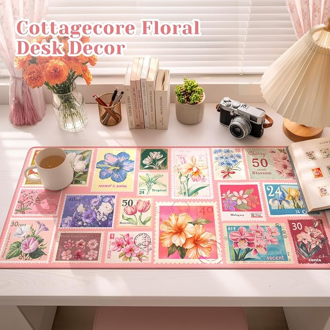 iCasso Pink Floral Desk Pad Mat, XXL Large Mouse Pad, Anti-Slip Retro Mousepad with Stitched Edges, Computer Keyboard Mat for Desktop Decor, Aesthetic Office Desk Accessories for Women(Pastel Pink)