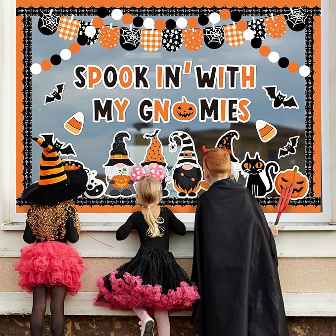 Whaline 113 Pcs Halloween Gnome Bulletin Board Decoration Black Orange Gnome Pumpkin Bats Paper Cutouts with 200 Pcs Glue Points for Holiday Party Home Classroom