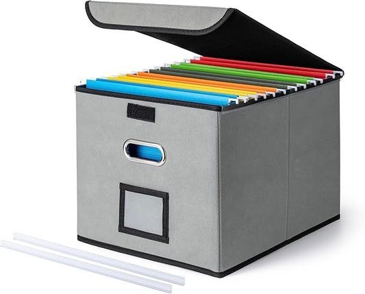 CADONO File Organizer Box with Lid, Large Hanging File Folder Organizer with Plastic Slide, Collapsible Portable Filing Storage Boxes for Office/Decor/Home (Grey, 14.9 x 12.59 x 10.8 inch)